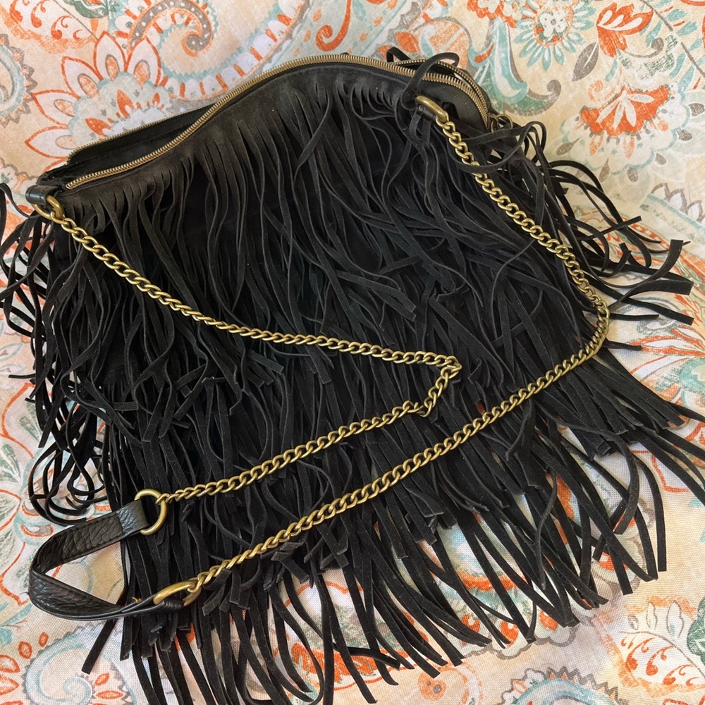 Black Fringe Chain Strap Bag